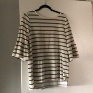 Bell sleeve green and cream cotton tunic